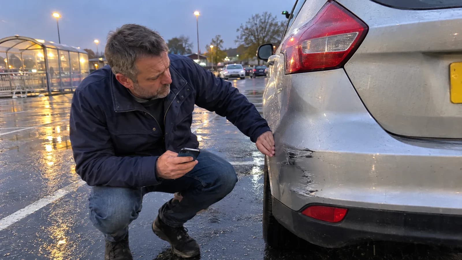 A man crouching by a fresh scrape on the rear bumper of his silver hatchback in a wet supermarket car park at dusk