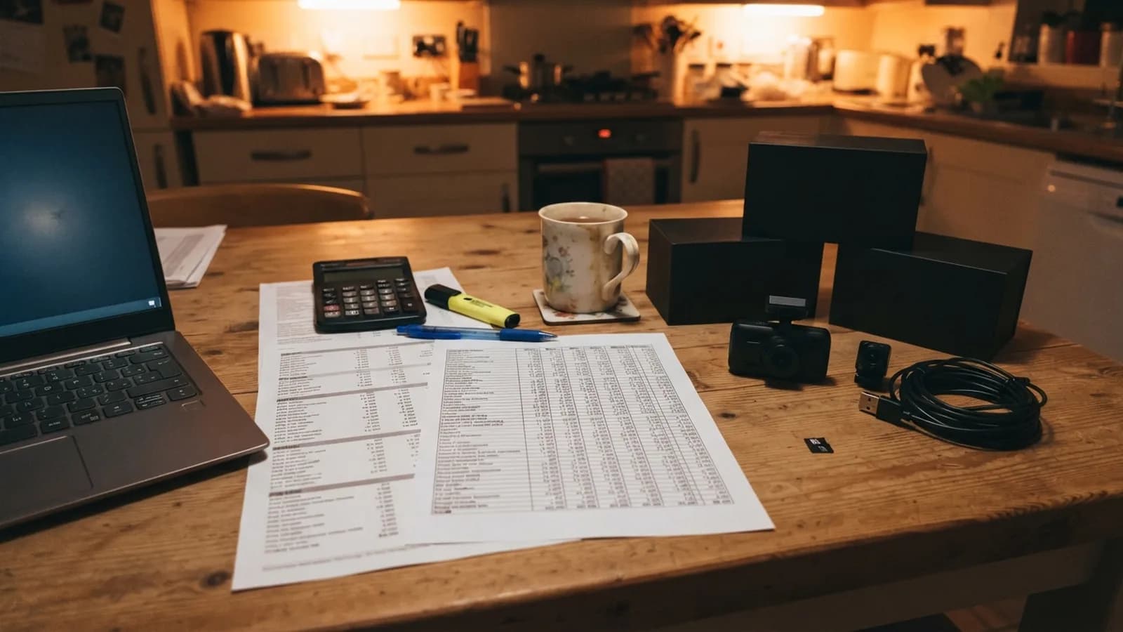A kitchen table with printed price lists, a calculator, a mug of tea, dash cam boxes, a small dash cam, a rear camera and a coiled cable