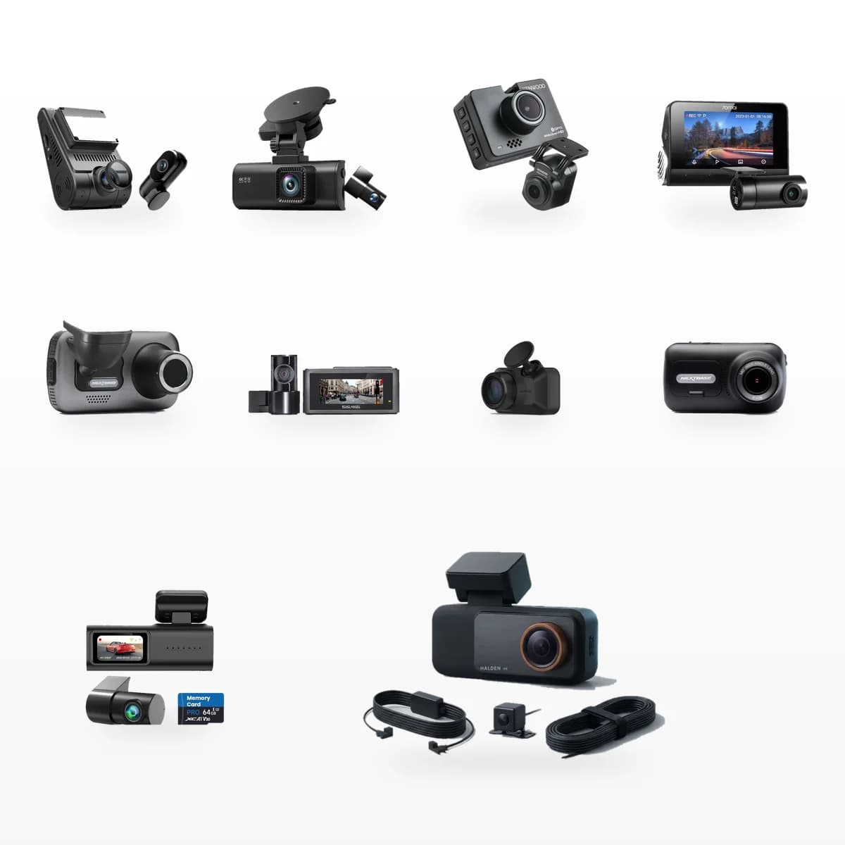 Ten dash cams side by side on white: Halden, VIOFO, REDTIGER, Kenwood, 70mai, two Nextbase models, Road Angel, Garmin and a cheap marketplace camera