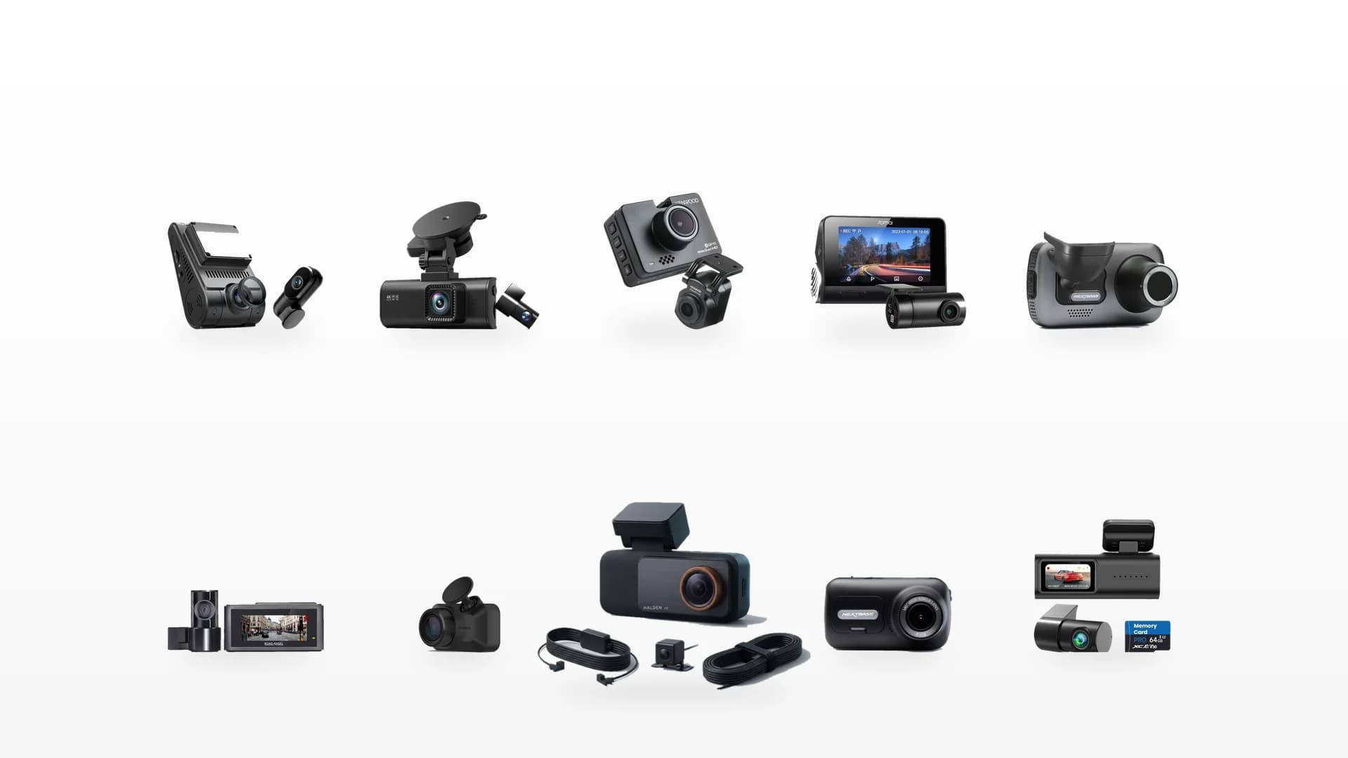 Ten dash cams side by side on white: Halden, VIOFO, REDTIGER, Kenwood, 70mai, two Nextbase models, Road Angel, Garmin and a cheap marketplace camera