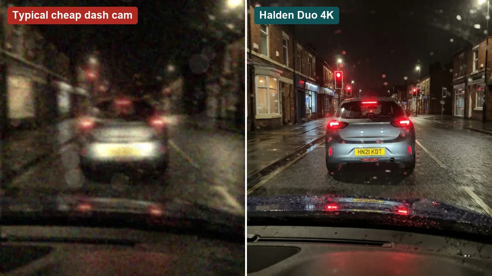 Two night frames of the same rainy street side by side: a cheap dash cam shows a blurred plate, the Halden Duo 4K shows the plate clearly