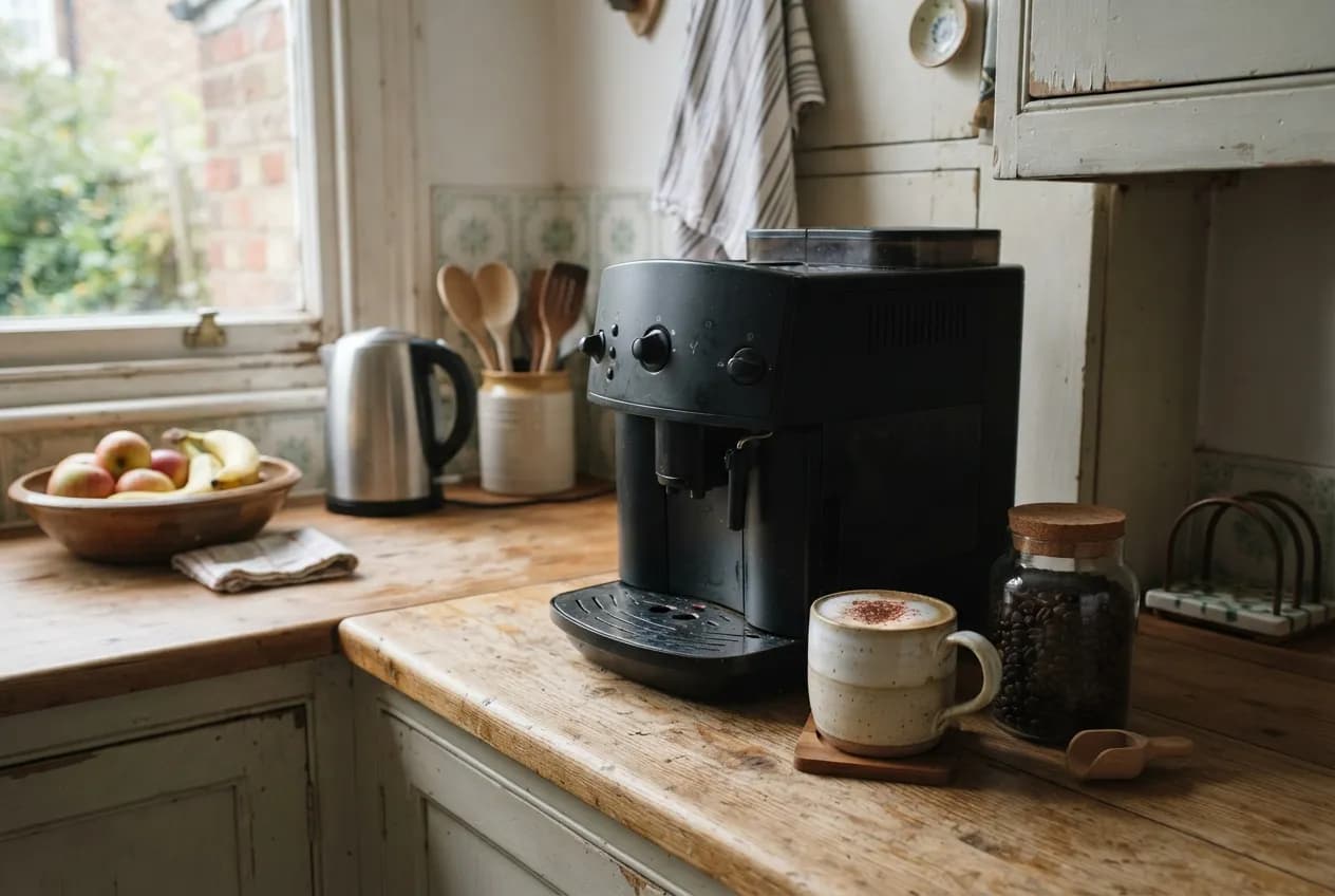 A black bean-to-cup coffee machine on a wooden kitchen worktop by a window, with a cappuccino and a jar of beans