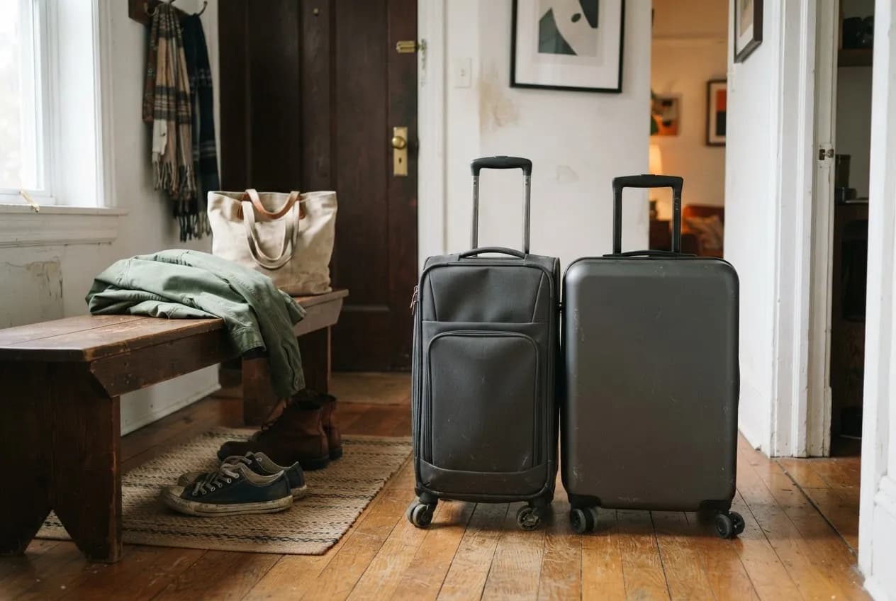 A soft-sided and a hard-shell carry-on suitcase standing in a sunlit apartment hallway by the front door