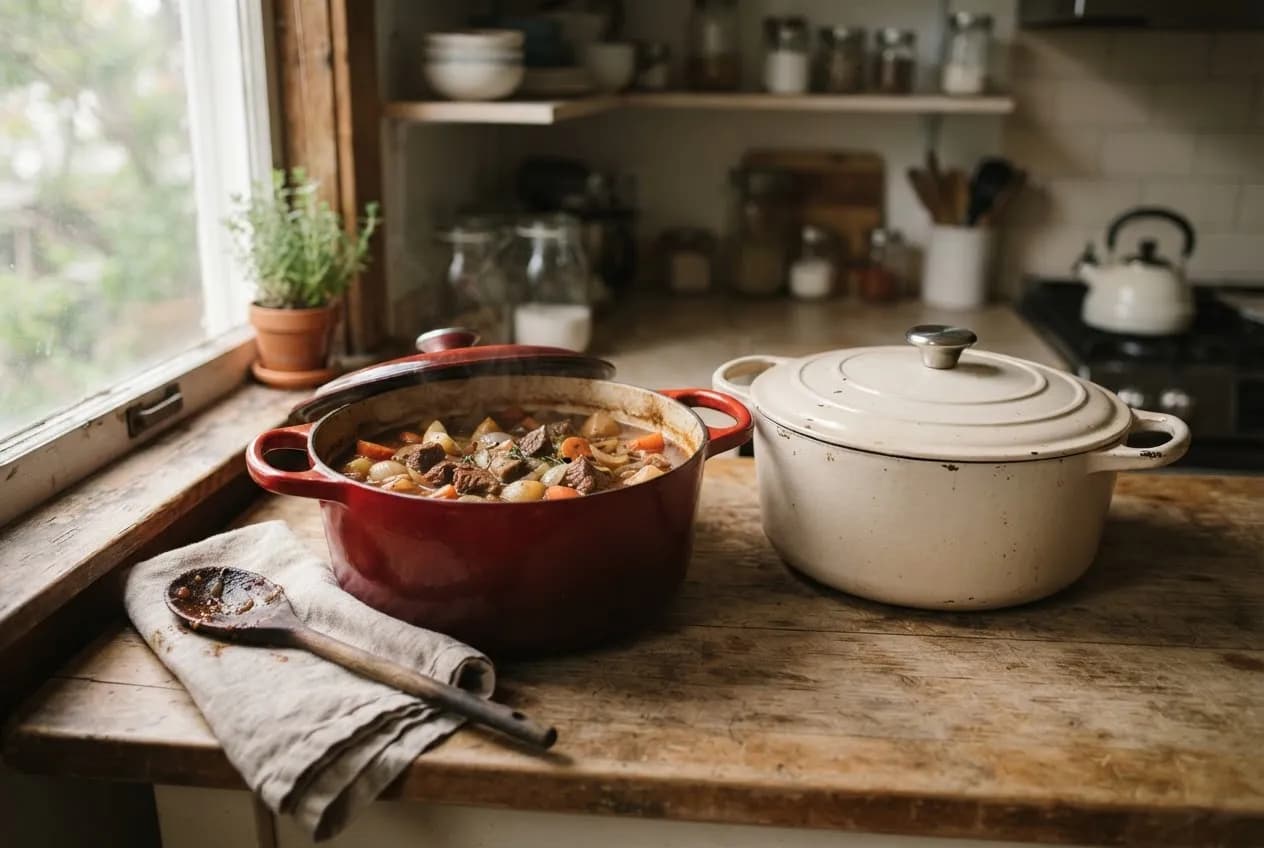 Two enameled cast iron Dutch ovens on a worn wooden kitchen counter in window light, one holding beef stew