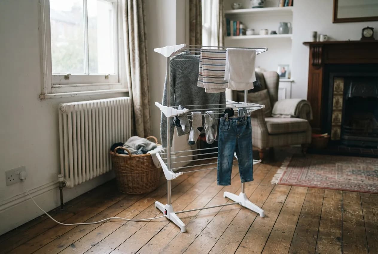 A three-tier heated clothes airer with towels and jumpers drying by a window in a lived-in home