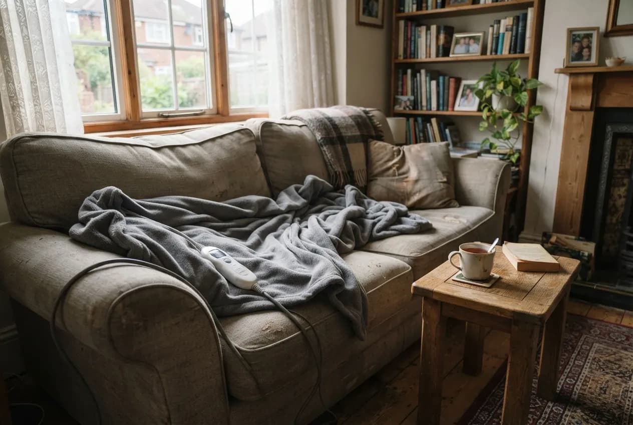 A grey fleece heated throw with its hand controller draped over a sofa in a living room
