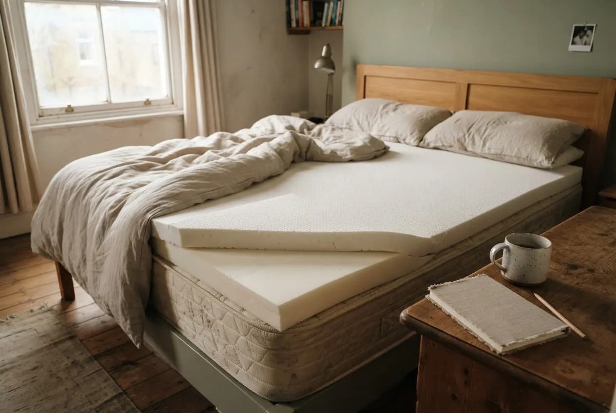 A white foam mattress topper folded back at one corner on a double bed in a sunlit bedroom