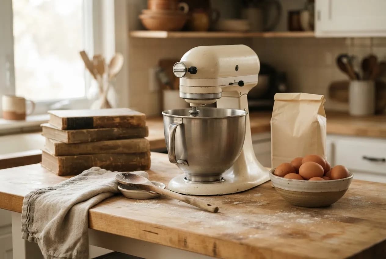 A cream tilt-head stand mixer on a worn butcher-block counter next to a bag of flour, eggs and cookbooks in window light