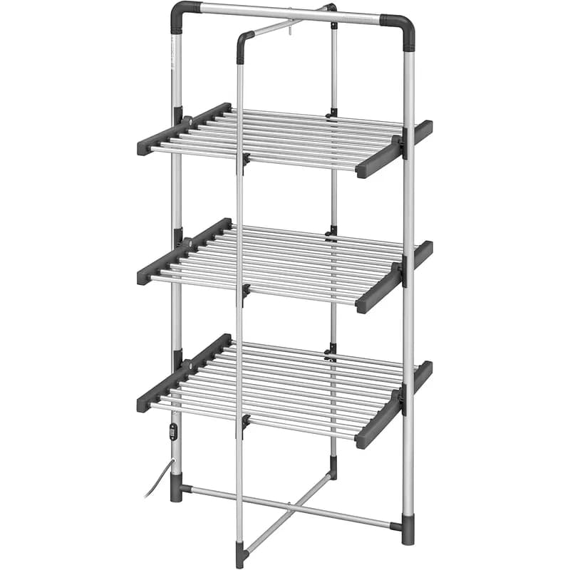 Black+Decker grey and silver three-tier heated clothes airer