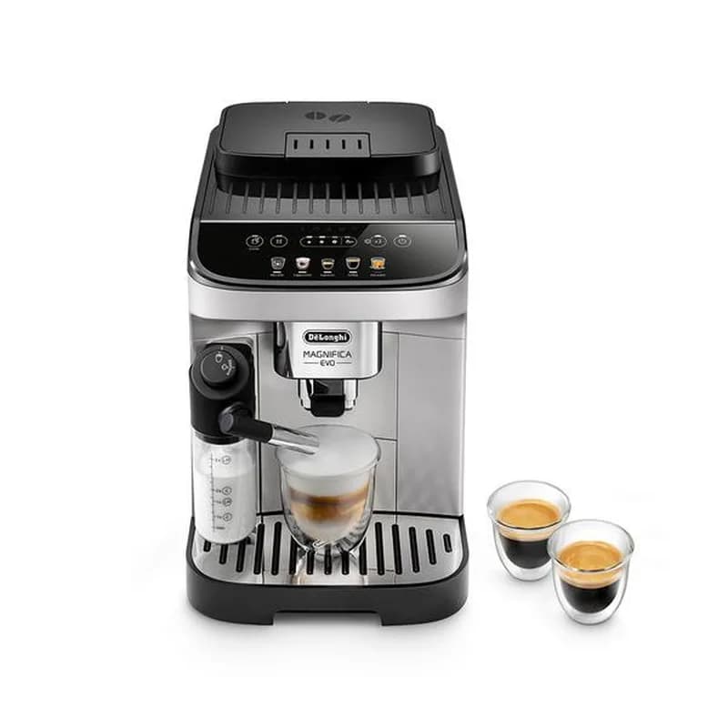 De'Longhi Magnifica Evo bean-to-cup coffee machine in silver and black with LatteCrema milk carafe