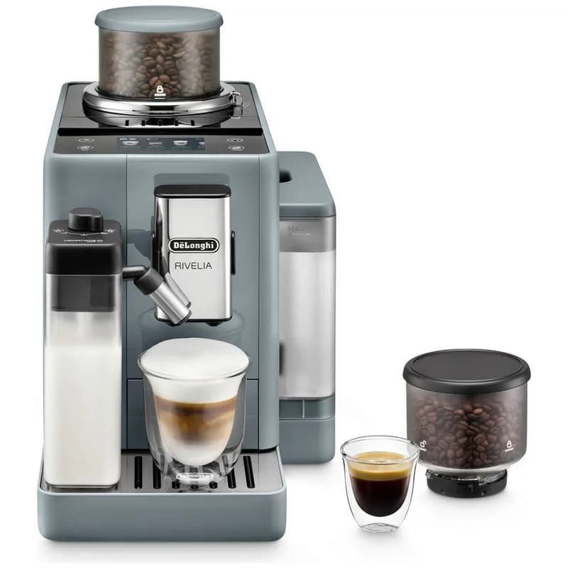 De'Longhi Rivelia bean-to-cup coffee machine in pebble grey with milk carafe and a spare bean hopper