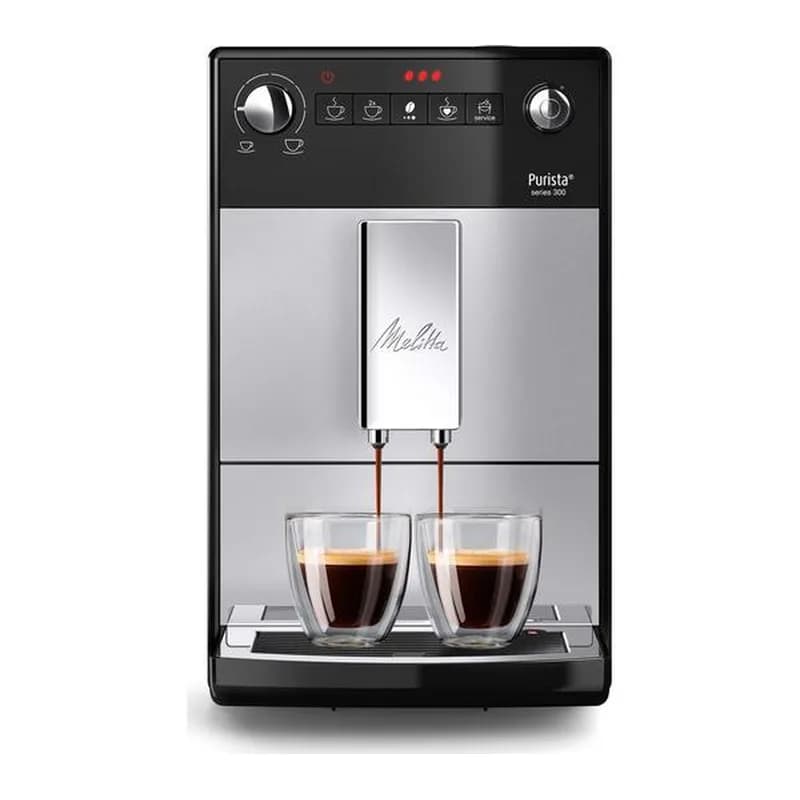 Melitta Purista bean-to-cup coffee machine in silver making two espressos
