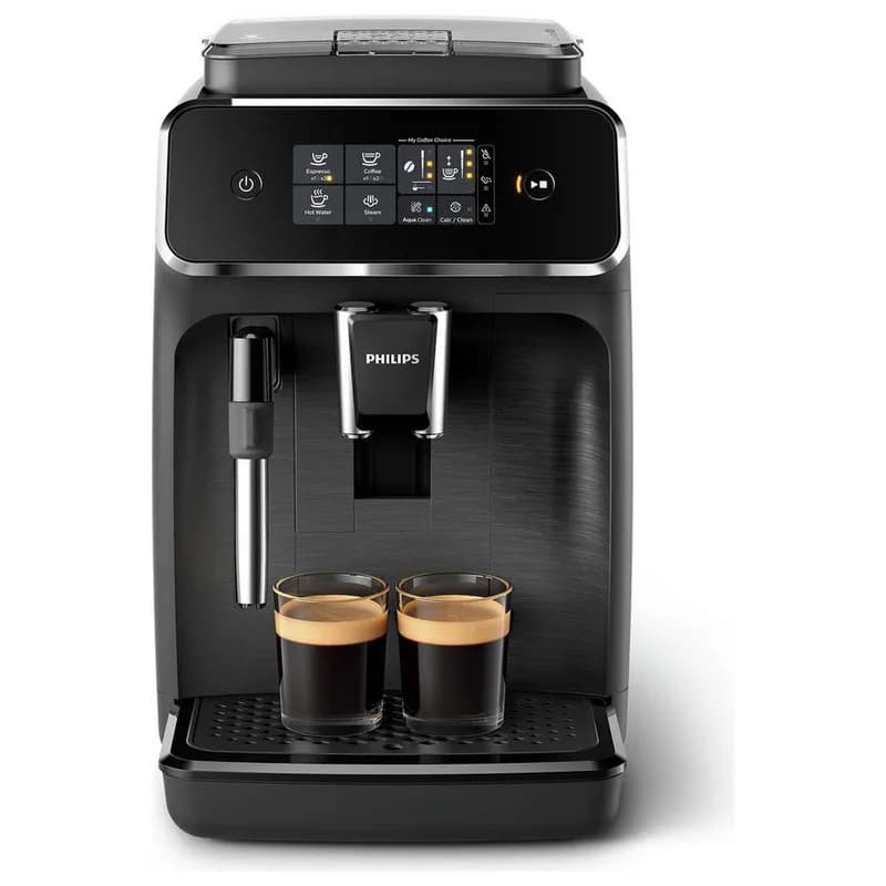 Philips 2200 Series bean-to-cup coffee machine in black with a steam wand and two espressos