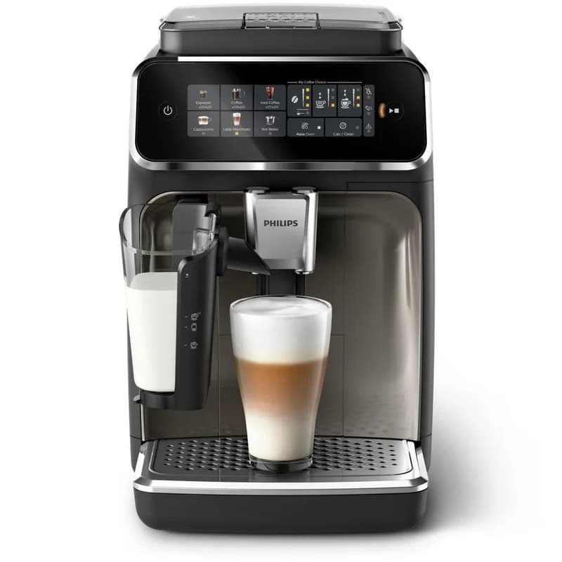Philips 3300 Series LatteGo bean-to-cup coffee machine in black with the milk jug fitted
