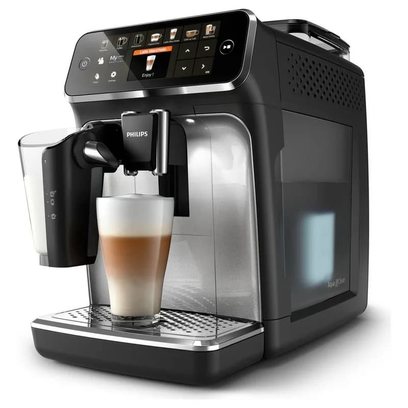 Philips 5400 Series LatteGo bean-to-cup coffee machine in black and silver with a latte macchiato